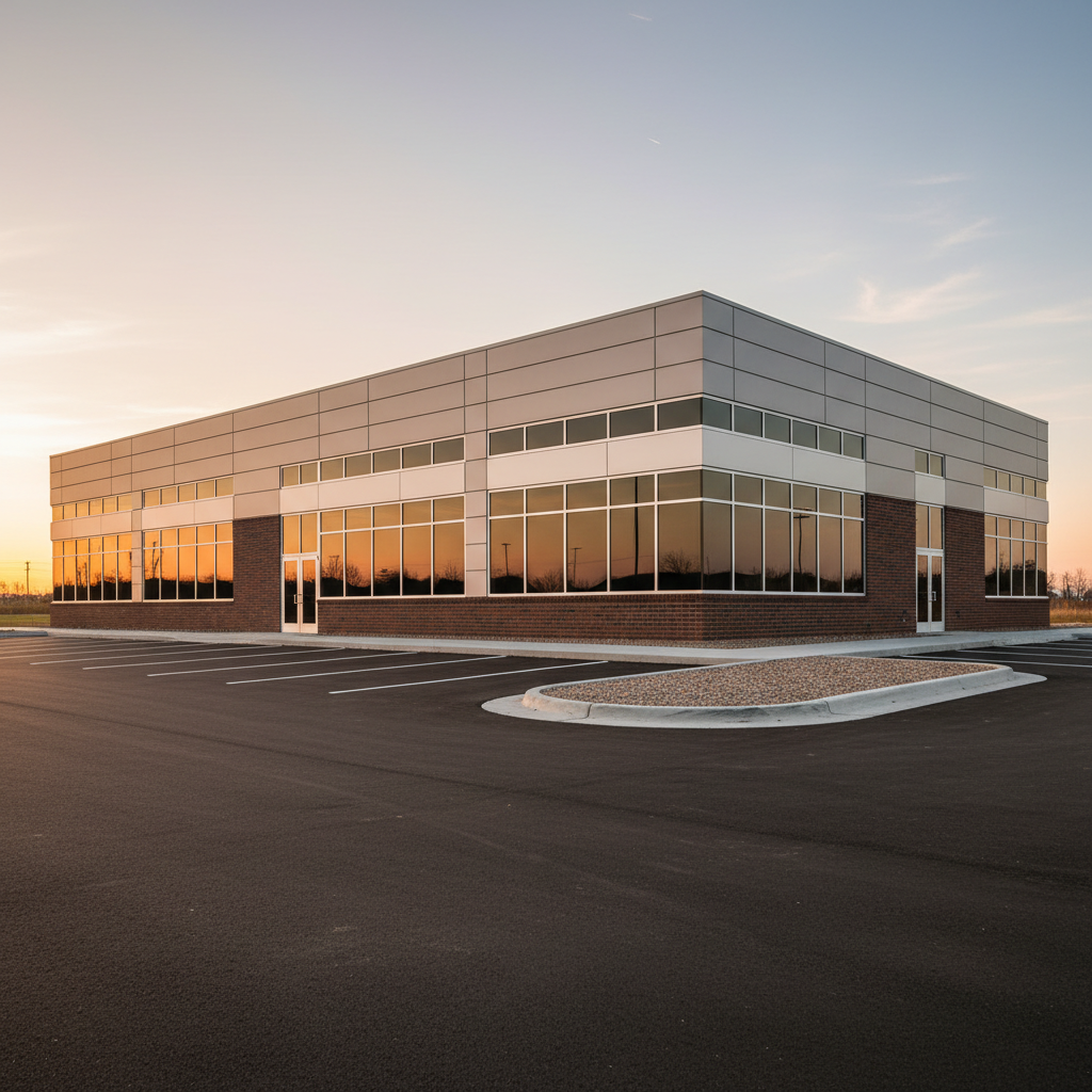 A wide, panoramic shot of a newly completed commercial building exterior, featuring sleek metal siding, large reflective glass panels, and neatly aligned brickwork at the base. The building is surrounded by a clean, freshly paved parking lot with sharp striping, concrete curbs, and carefully placed gravel beds ready for landscaping. Golden hour sunlight washes across the façade, creating warm highlights on the metal and glass and casting gentle shadows that emphasize architectural lines. Captured in photographic realism from a slightly low angle to make the structure feel solid and impressive. The atmosphere is polished and professional, underlining the idea that the project has been delivered on time, to specification, and ready for use.