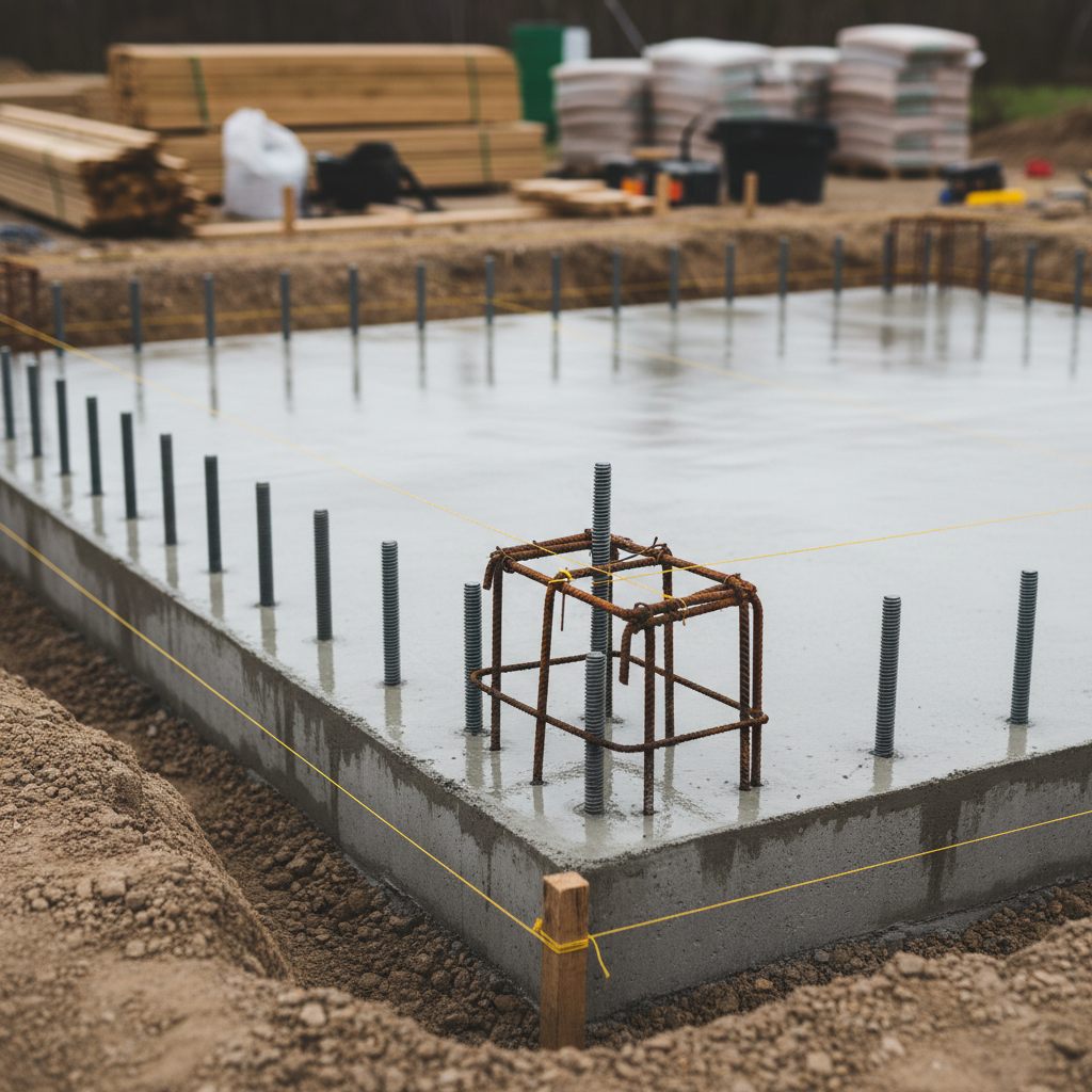 A close-up, detailed view of a freshly poured concrete foundation slab, its surface smooth and slightly reflective, with crisp, straight anchor bolts and perfectly aligned rebar emerging from the edges. The foundation sits within a precisely graded, clean excavation area, surrounded by compacted soil and straight, taut string lines marking future walls. Overcast daylight provides soft, even illumination, eliminating harsh shadows and emphasizing texture and precision. Shot from a low, slightly angled perspective in photographic realism, focusing on the craftsmanship of the foundation while the background fades into a soft blur of construction materials. The mood is deliberate and dependable, emphasizing the critical groundwork that ensures long-lasting construction quality.