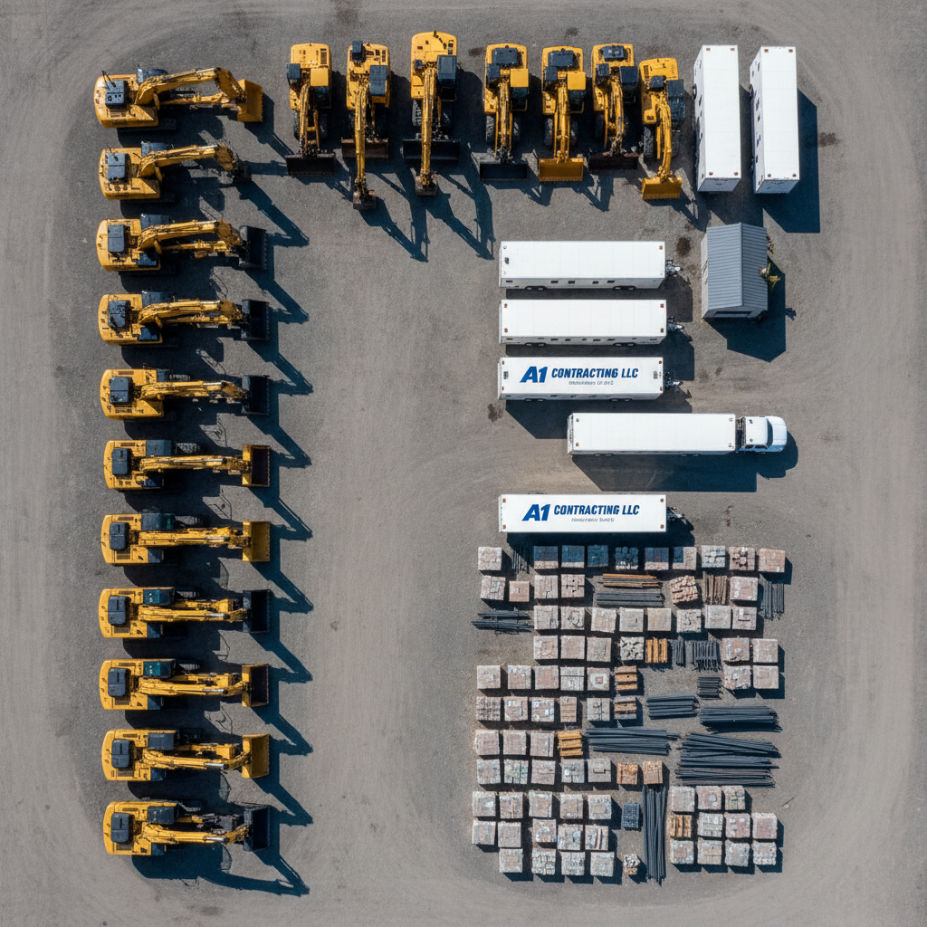A bird’s-eye, photographic view of a large, organized construction yard for a contracting company, with rows of well-maintained yellow and white heavy machinery, neatly staged trailers, and pallets of materials arranged in precise grids on compacted gravel. The company name, “A1 Contracting LLC,” is prominently displayed on the side of a spotless white service truck parked near a small, clean equipment shed. Bright, clear midday sunlight creates strong, defined shadows that emphasize the order and scale of the operation. The composition is symmetrical and professional, conveying efficiency, readiness, and trustworthiness—visually reinforcing the message that this contractor doesn’t just build, but delivers with organization and reliability.