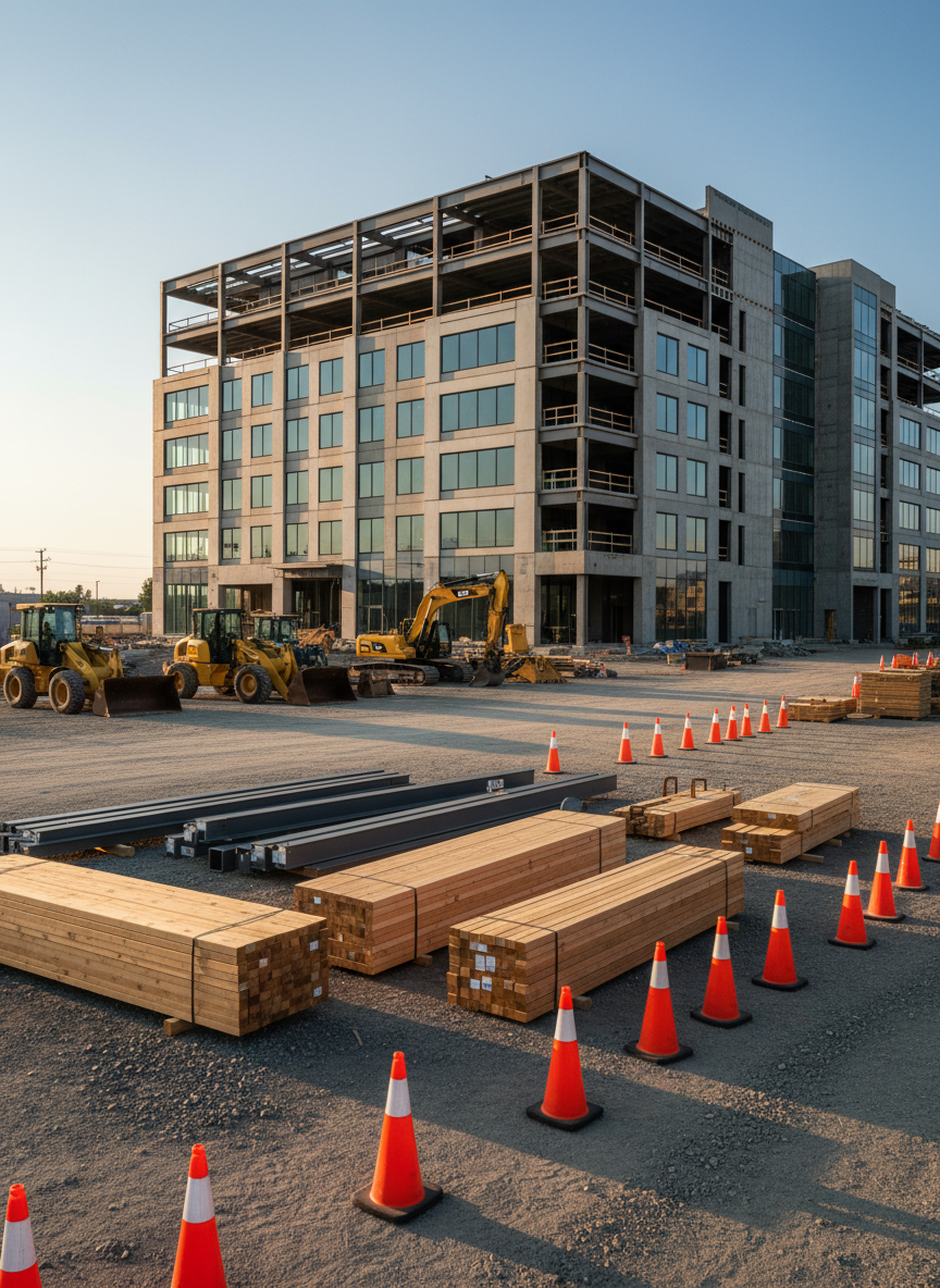 A meticulously organized commercial construction site featuring a nearly completed modern office building with clean steel framing, smooth concrete panels, and large glass window openings. In the foreground, neatly stacked lumber, labeled steel beams, and well-maintained yellow equipment sit on compacted gravel, with bright orange safety cones clearly defining work zones. Late afternoon natural light casts long, crisp shadows, highlighting the precision and orderliness of the site. Captured at eye level in photographic realism, with sharp focus and a wide angle that shows the full scope of the project. The mood is professional, reliable, and confident, conveying that this is a team that doesn’t just build structures but delivers complete, well-managed results.