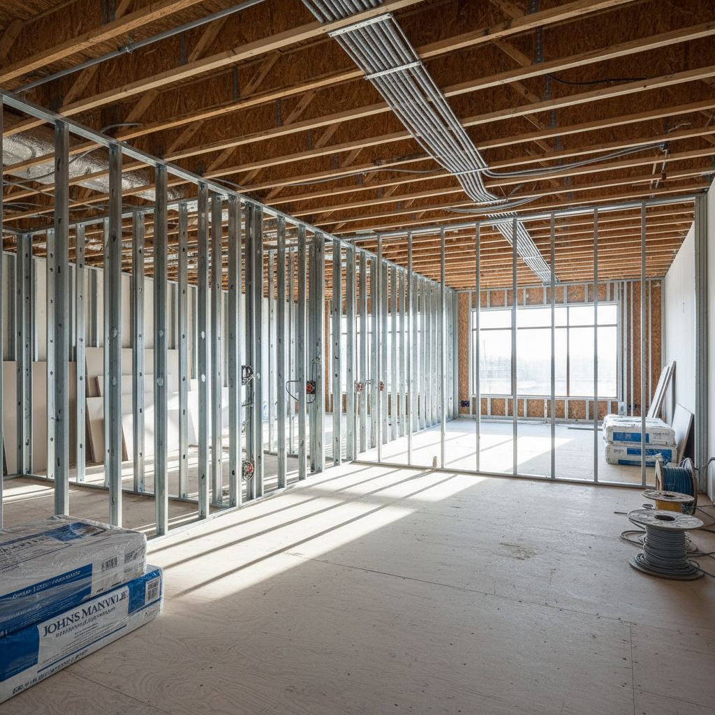 A detailed interior construction scene of a commercial space in mid-build, with exposed metal studs forming perfectly straight wall lines, neatly routed electrical conduit, and engineered wooden floor joists overhead. The subfloor is swept clean, with only labeled material bundles stacked precisely along the perimeter. Natural light filters through large window openings, creating clear beams of soft light that highlight the orderliness of the framing and cast subtle linear shadows. Photographic realism at eye level with a deep depth of field keeps all details sharp from front to back. The mood is controlled and methodical, showcasing an environment where every phase is managed carefully to deliver a reliable final result.