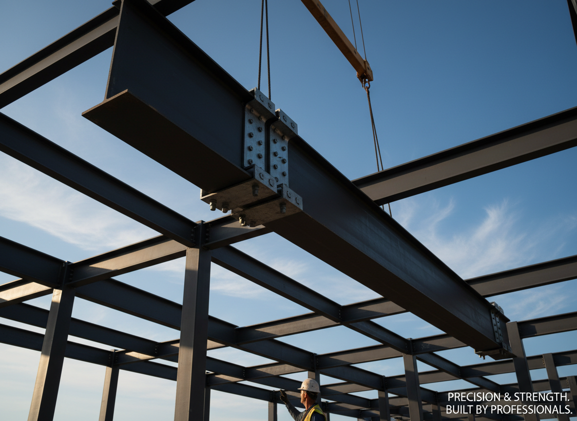 A dramatic, low-angle photographic view of a steel beam being precisely set atop a rigid steel frame, captured in a moment where the beam is perfectly aligned with pre-bolted connection plates. The beams have a dark, matte finish with crisp, clean edges, and the bolts gleam slightly in the light. The background shows a clear blue sky with soft clouds and the partial silhouette of the structural frame rising in ordered tiers. Late afternoon sunlight creates sharp highlights along the steel flanges and deep shadows within the web, emphasizing strength and structure. The mood is bold and confident, illustrating the exacting structural work that underpins every successful project delivered by a professional contractor.