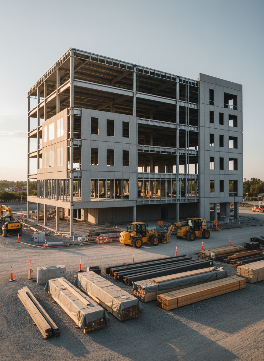 A meticulously organized commercial construction site featuring a nearly completed modern office building with clean steel framing, smooth concrete panels, and large glass window openings. In the foreground, neatly stacked lumber, labeled steel beams, and well-maintained yellow equipment sit on compacted gravel, with bright orange safety cones clearly defining work zones. Late afternoon natural light casts long, crisp shadows, highlighting the precision and orderliness of the site. Captured at eye level in photographic realism, with sharp focus and a wide angle that shows the full scope of the project. The mood is professional, reliable, and confident, conveying that this is a team that doesn’t just build structures but delivers complete, well-managed results.